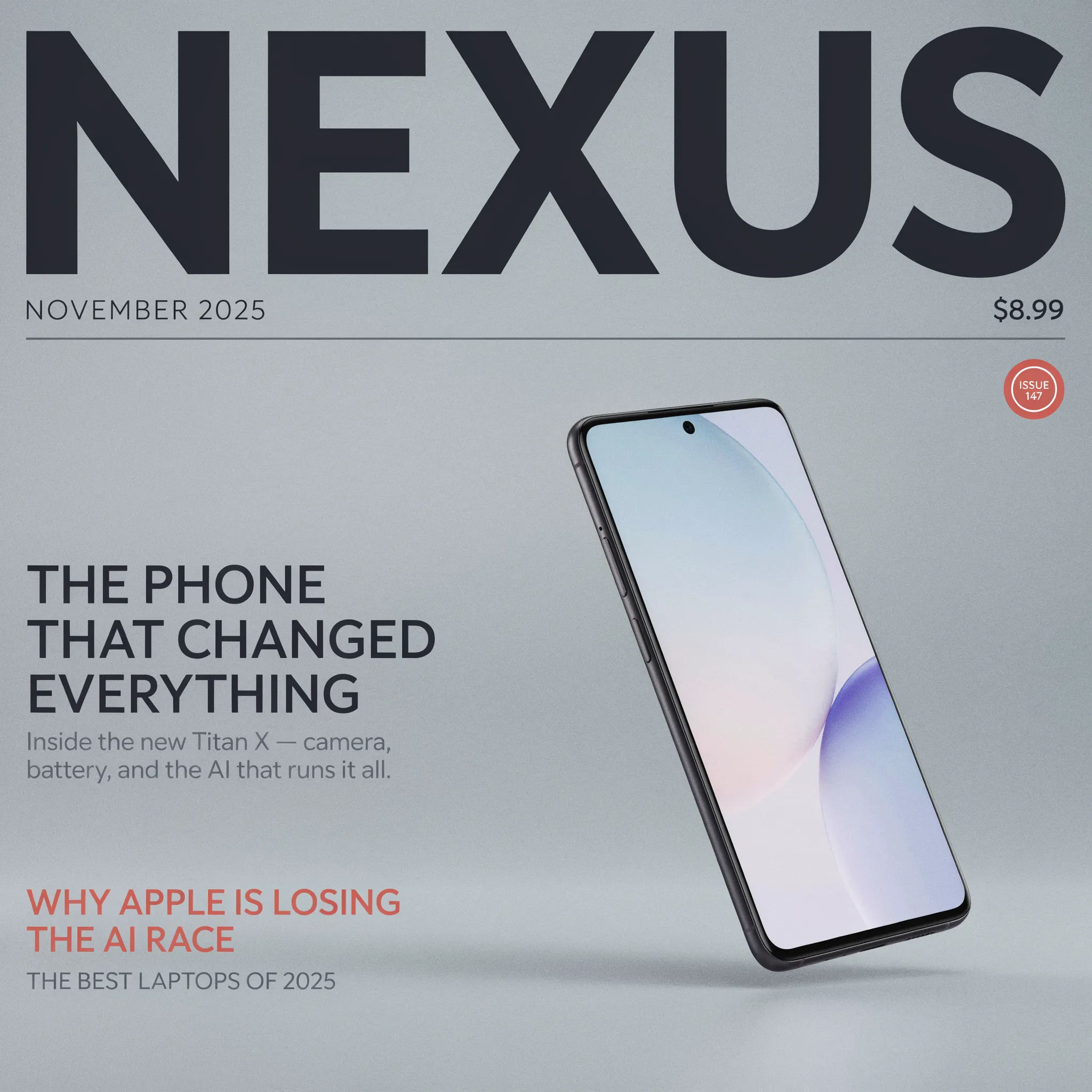 Modern tech magazine cover with a product hero shot