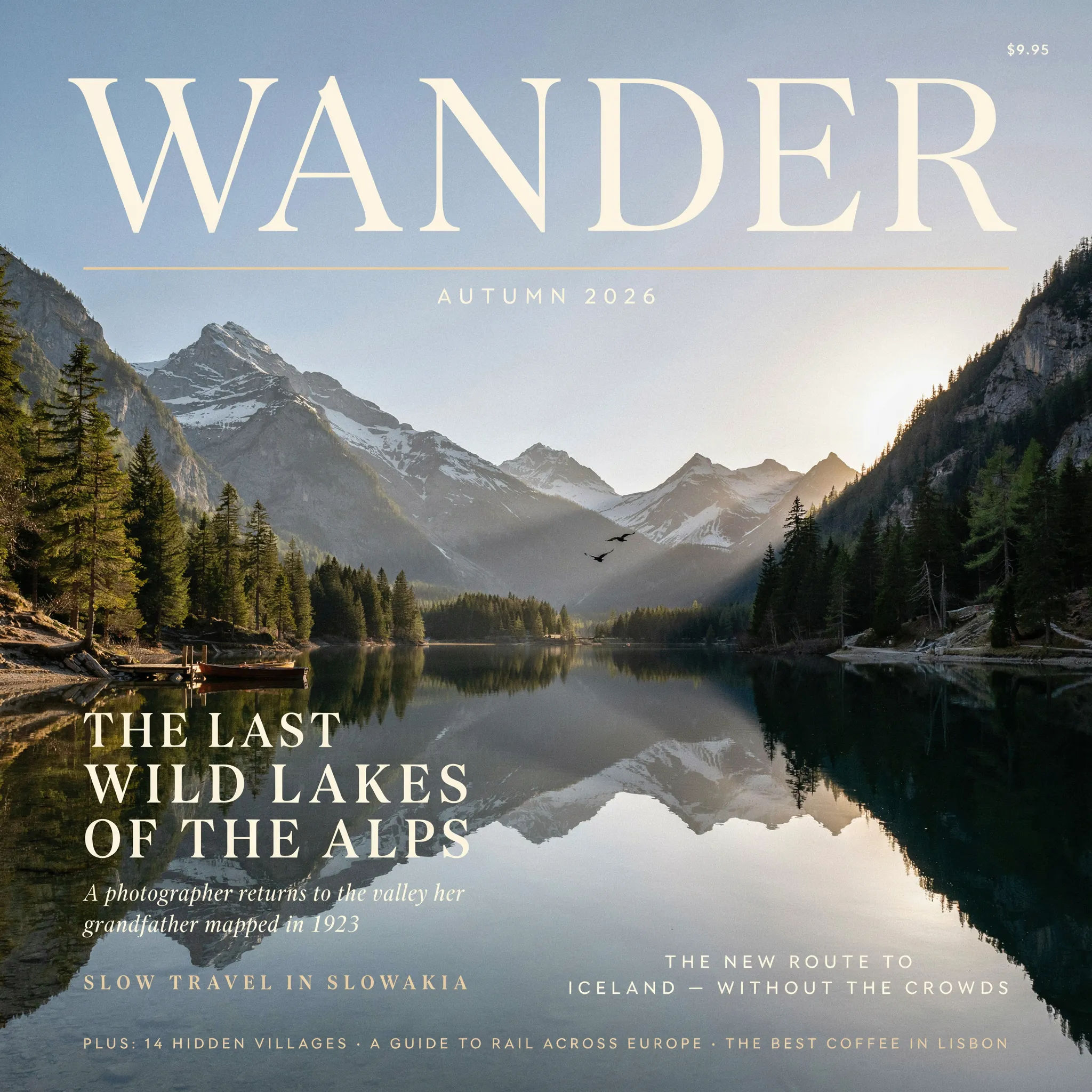 Travel magazine cover with a sweeping landscape and elegant masthead