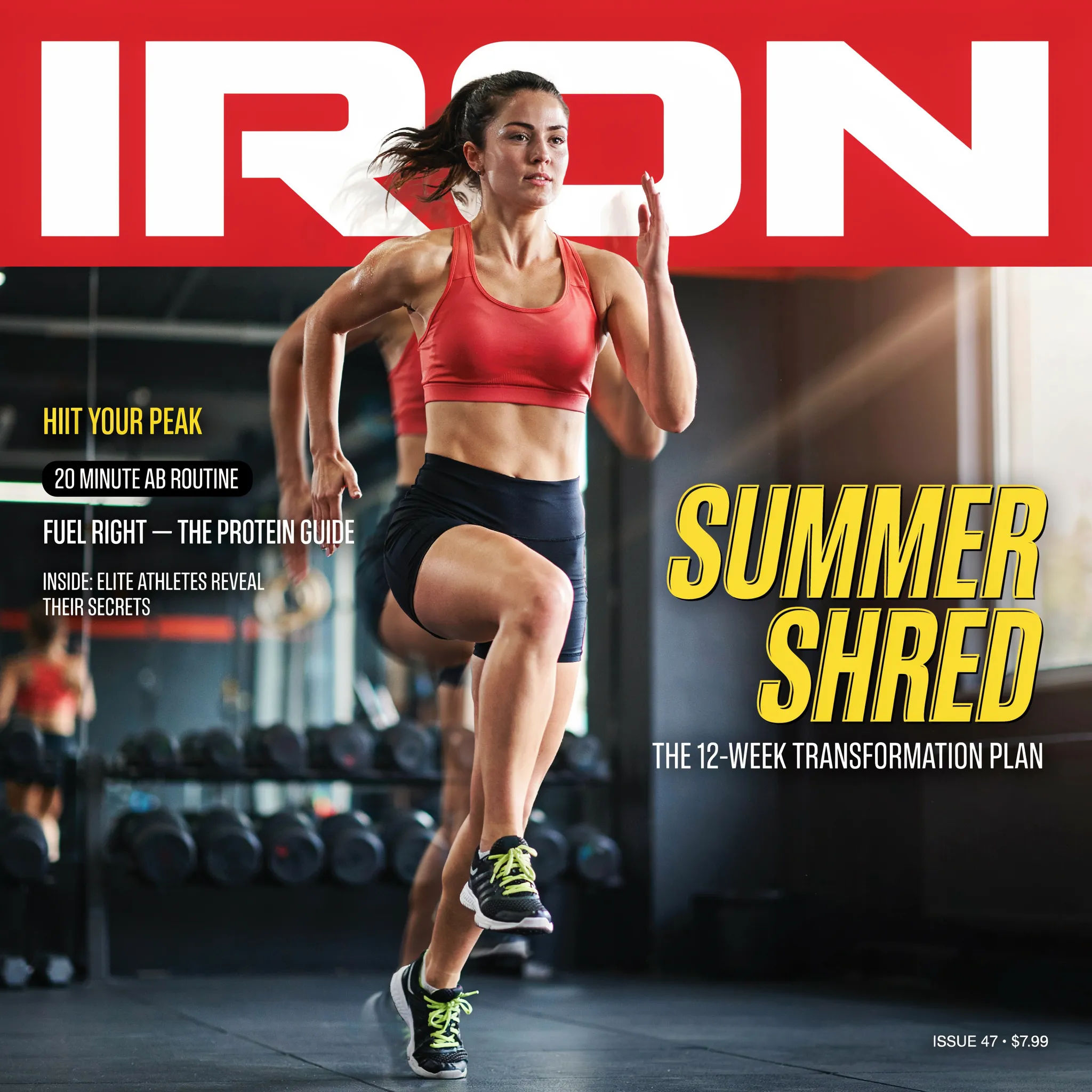 Fitness magazine cover with an athletic portrait and bold type