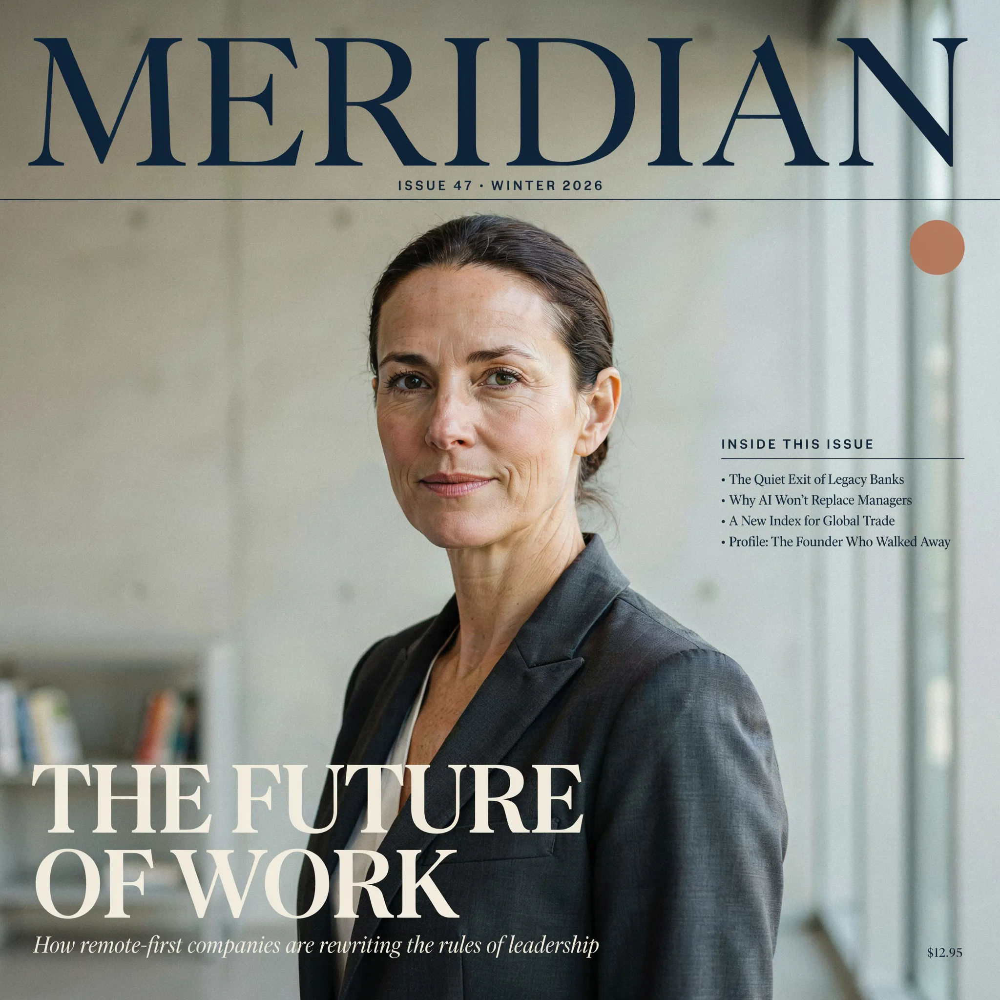 Business magazine cover with a confident portrait and serif masthead
