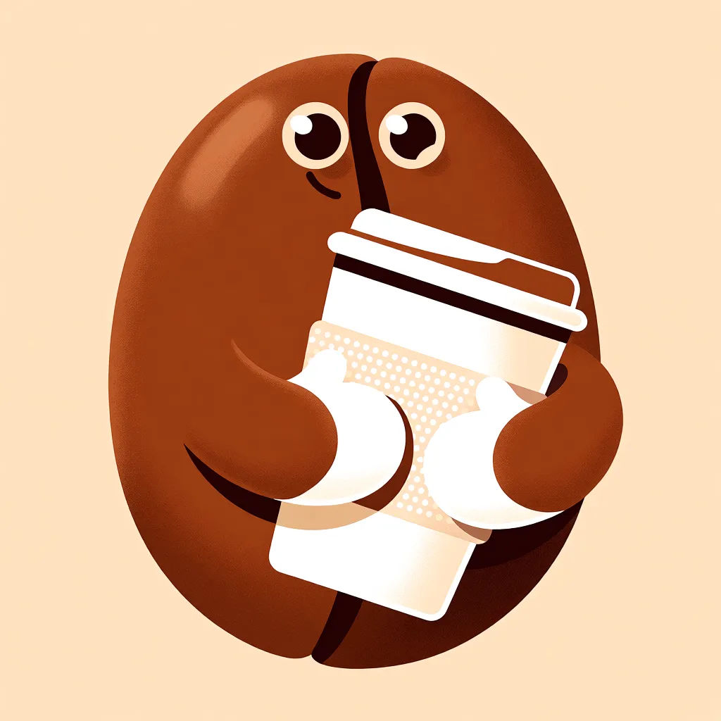 Cheerful coffee bean mascot holding a cup