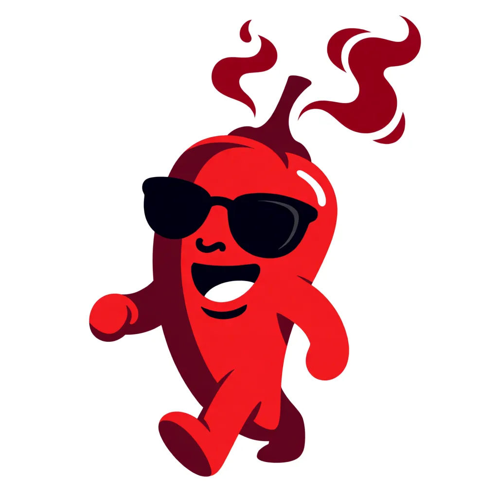 Bold cartoon chili pepper mascot with sunglasses
