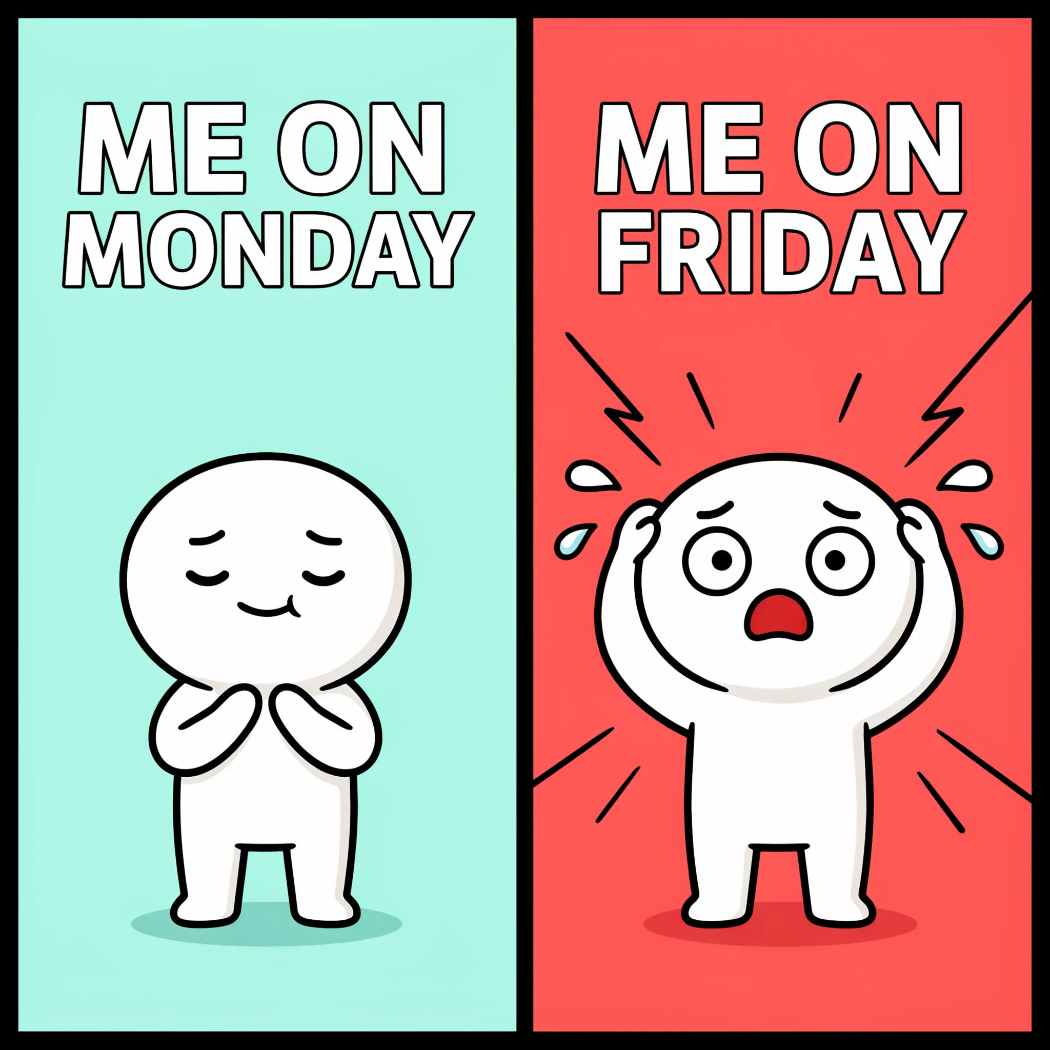Two-panel before-and-after meme with a calm then panicking character