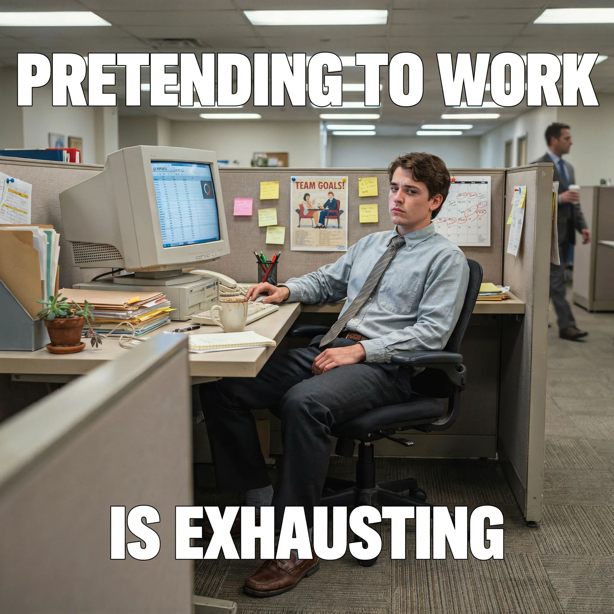 Deadpan office worker meme with a relatable work caption
