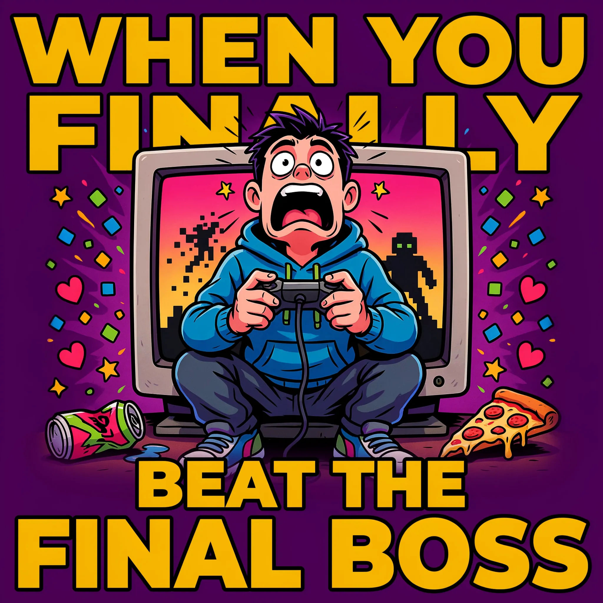 Gaming reaction meme with a bold caption and punchy colors