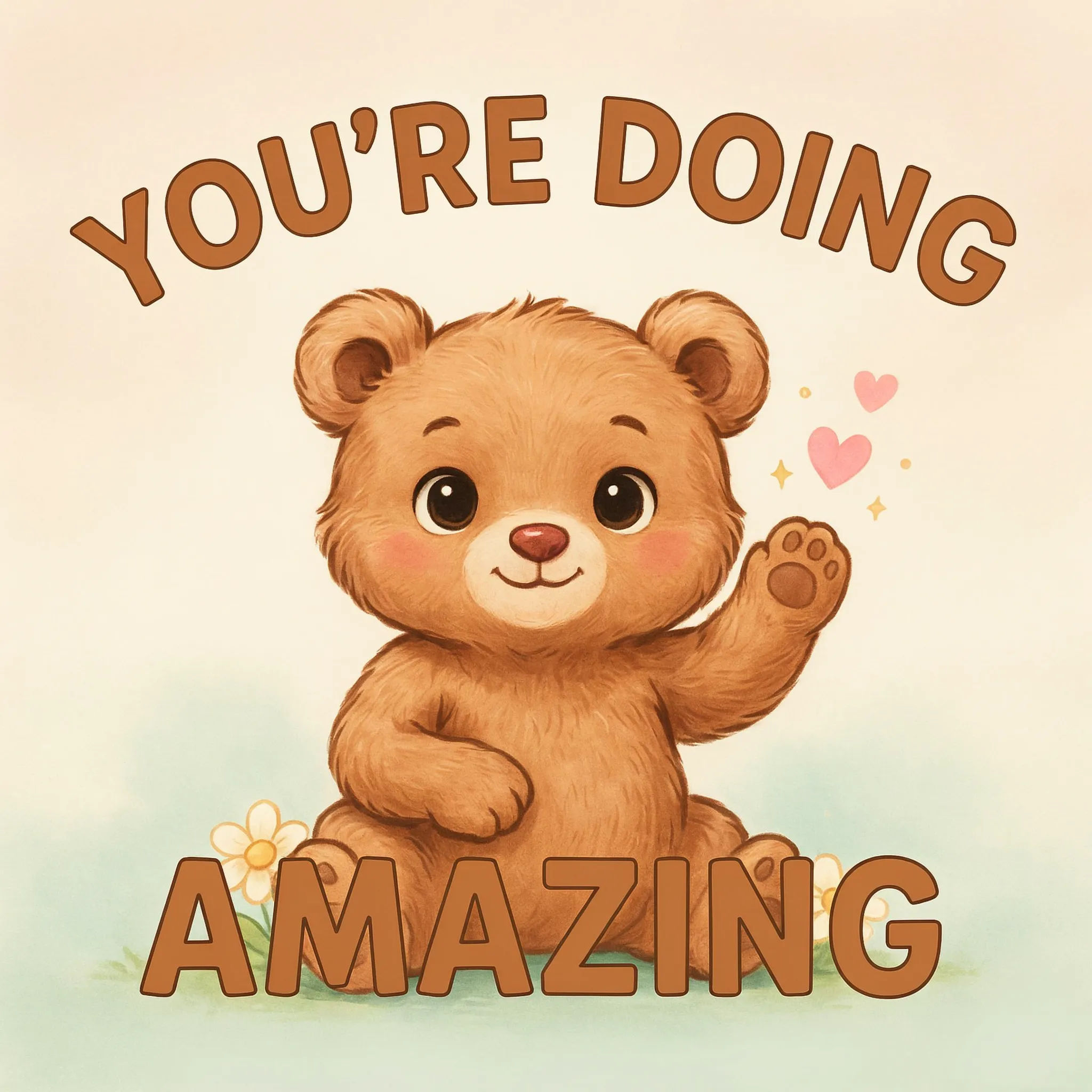 Wholesome cartoon animal meme with a warm caption