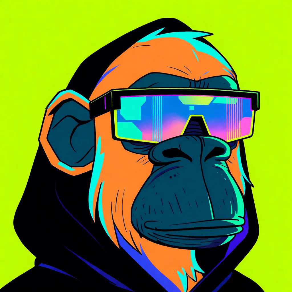 Cyber ape PFP in flat bold colors with sunglasses and a hoodie