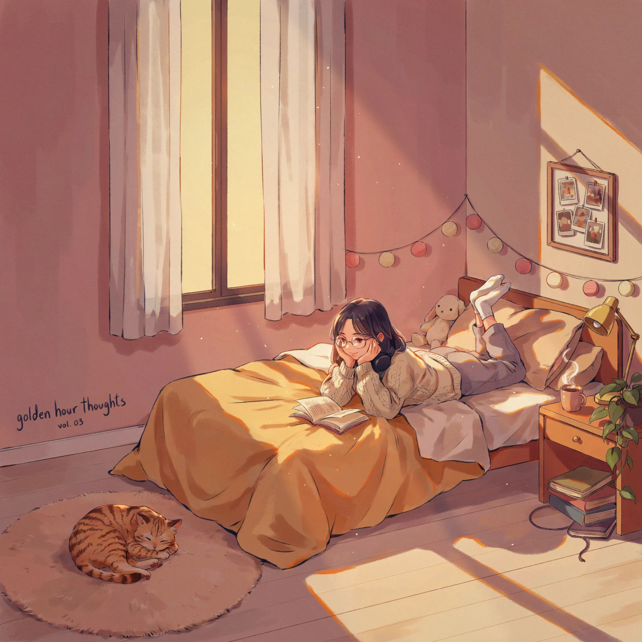 Lo-fi album cover with a cozy anime bedroom illustration