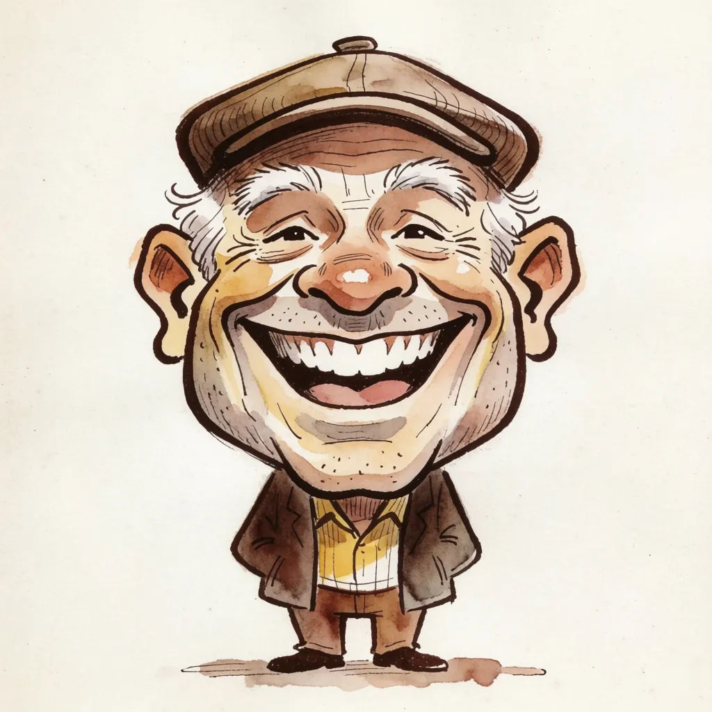 Hand-drawn caricature with an oversized head and big smile