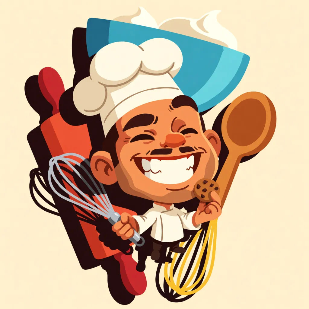 Chef caricature holding a whisk in a warm cartoon style