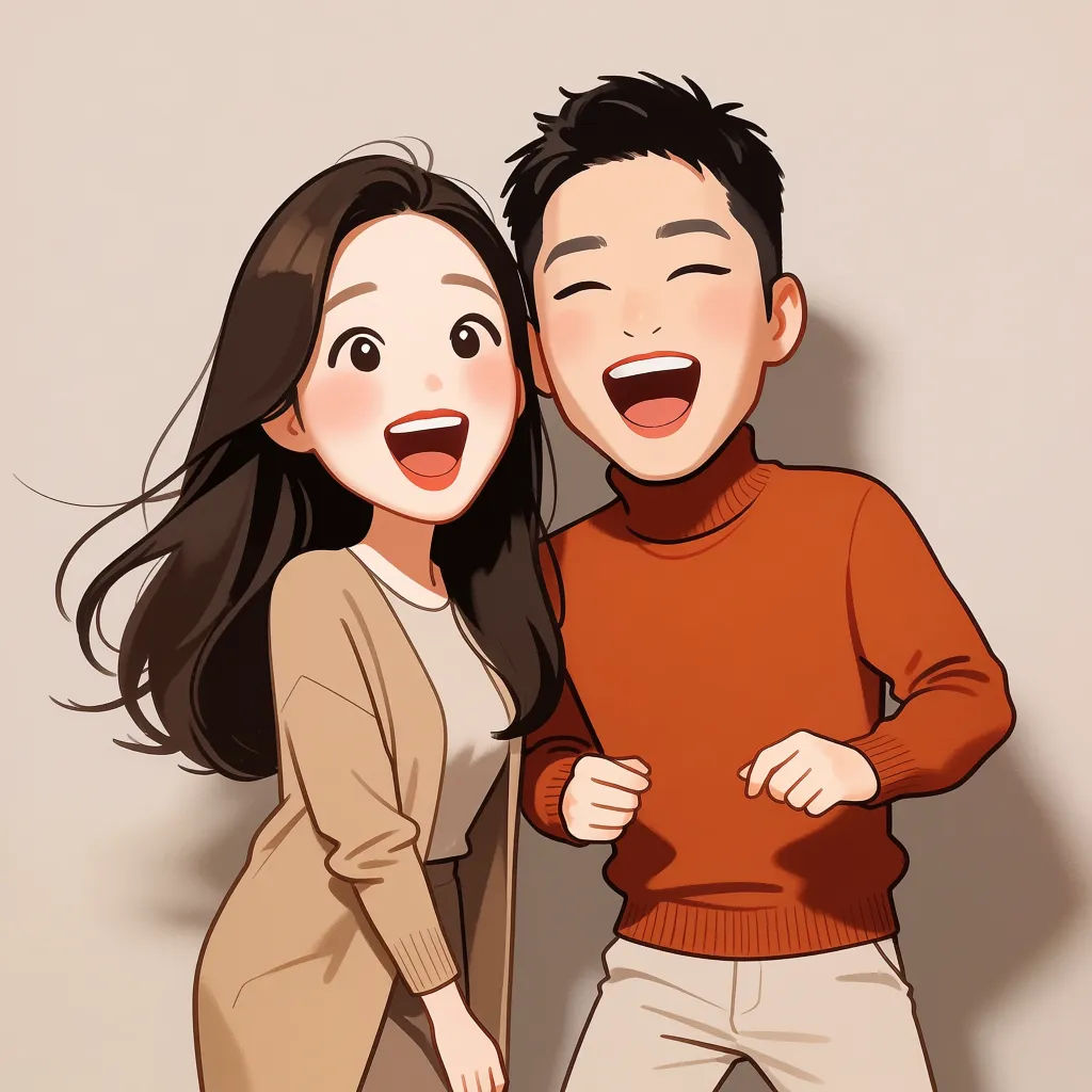 Couple caricature with two oversized heads in a playful pose