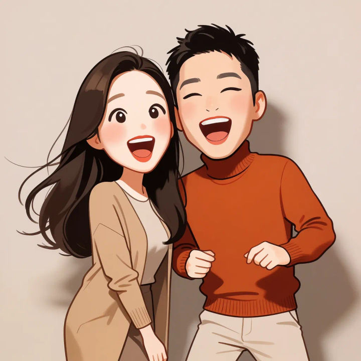 Caricatura de casal com duas cabeças grandes em pose divertida