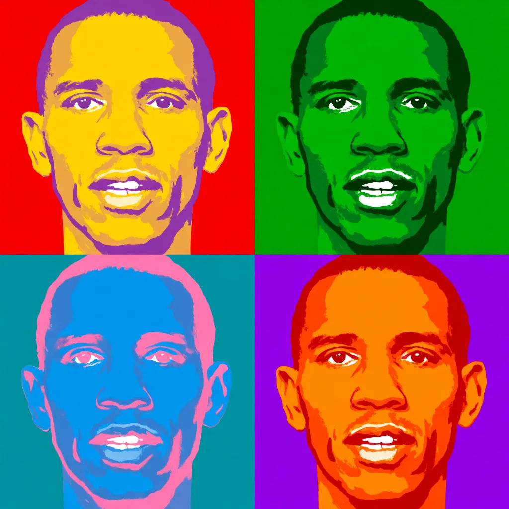 Warhol-Stil Vier-Panel-Porträtraster in kräftigen Flächenfarben