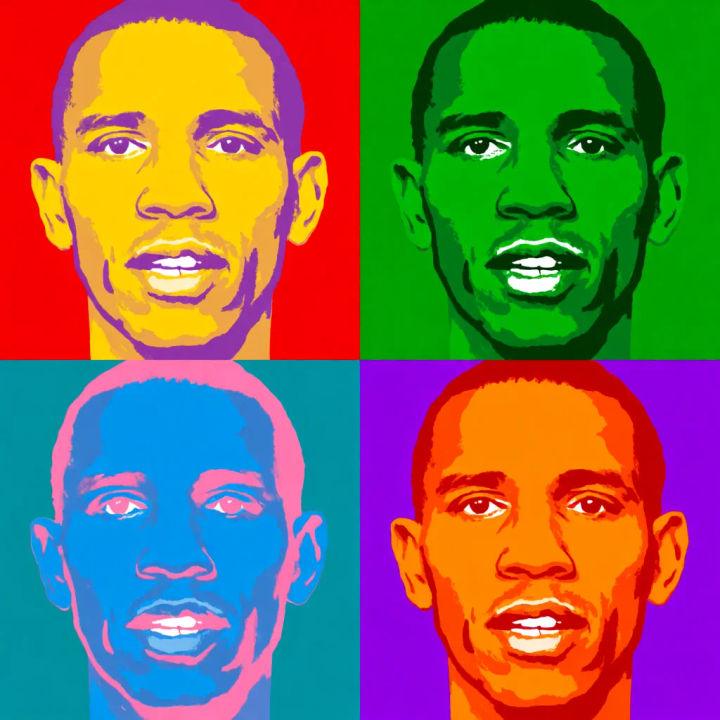 Grid potret empat panel gaya Warhol dengan warna flat berani
