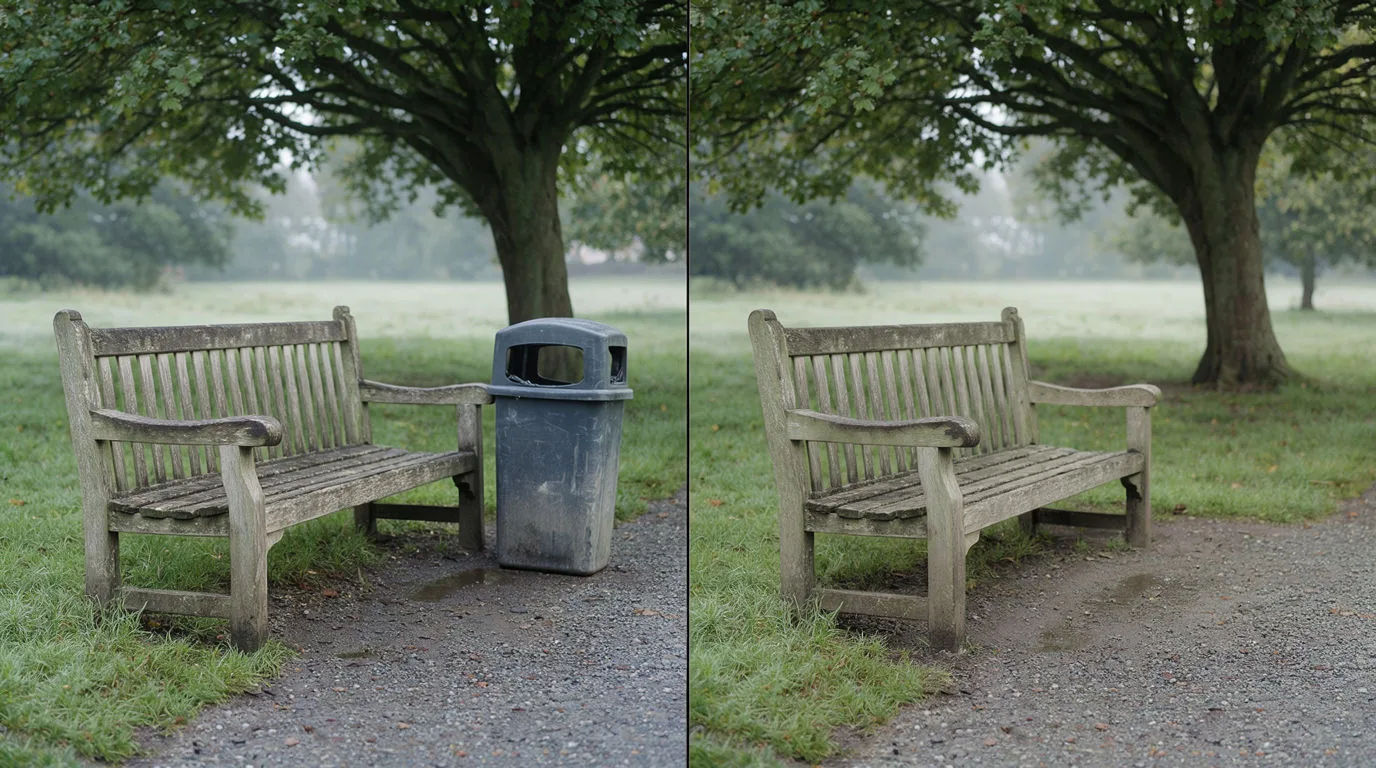 A park bench with a bin beside it on the left and the same bench on the right with the bin gone and the path filled in