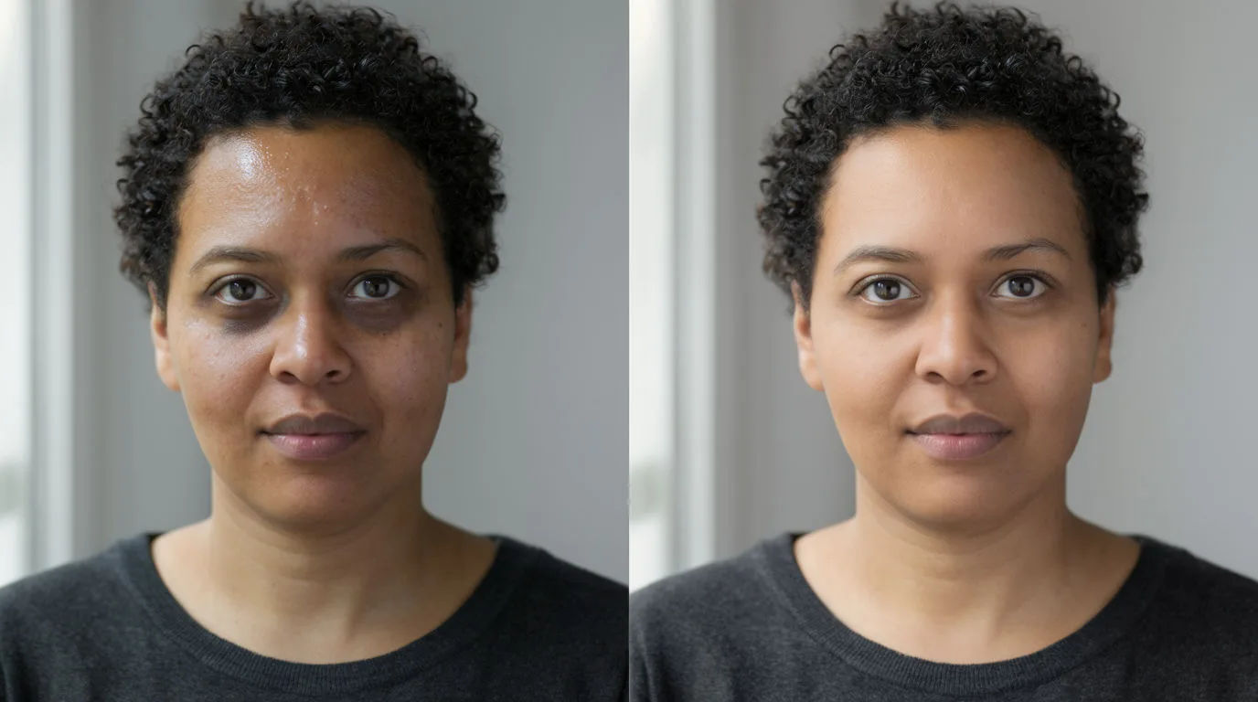 A portrait with shine and uneven tone on the left and the same face lightly retouched on the right, texture kept