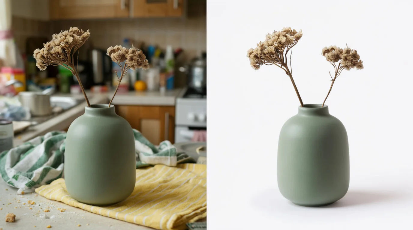 A vase of dried stems on a cluttered kitchen counter on the left and the same vase on a clean white studio background on the right