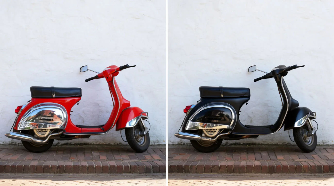 A red scooter against a white wall on the left and the same scooter in matte black on the right