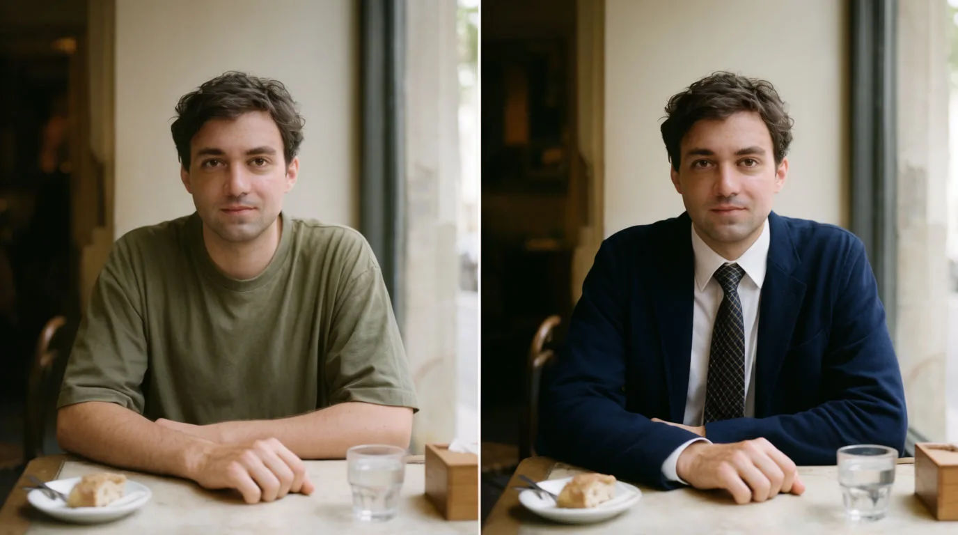 A man in a plain t-shirt on the left and the same man in a navy blazer on the right, lighting matched