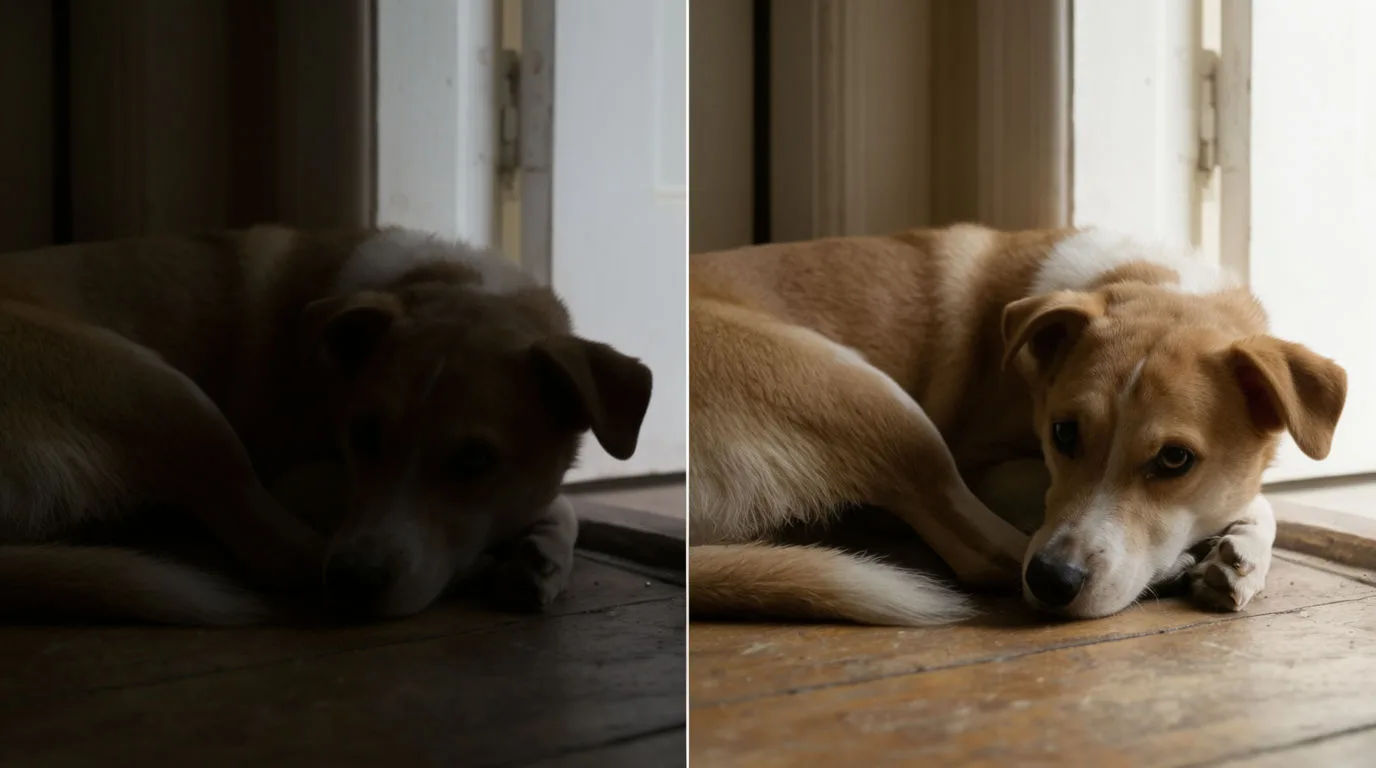 An underexposed backlit photo of a dog lying on a wooden floor on the left and the same frame on the right with the fur, eyes and floor grain recovered