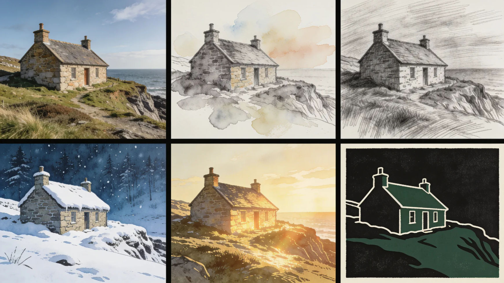 One photograph transformed into several styles with image to image on Morphic