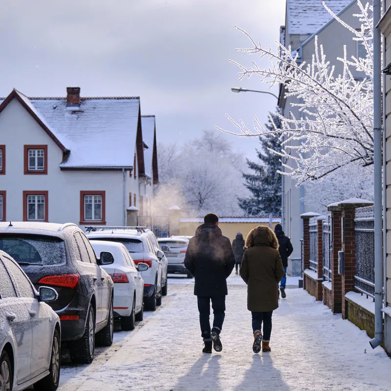 A street scene transformed into deep winter with snow and flat overcast light