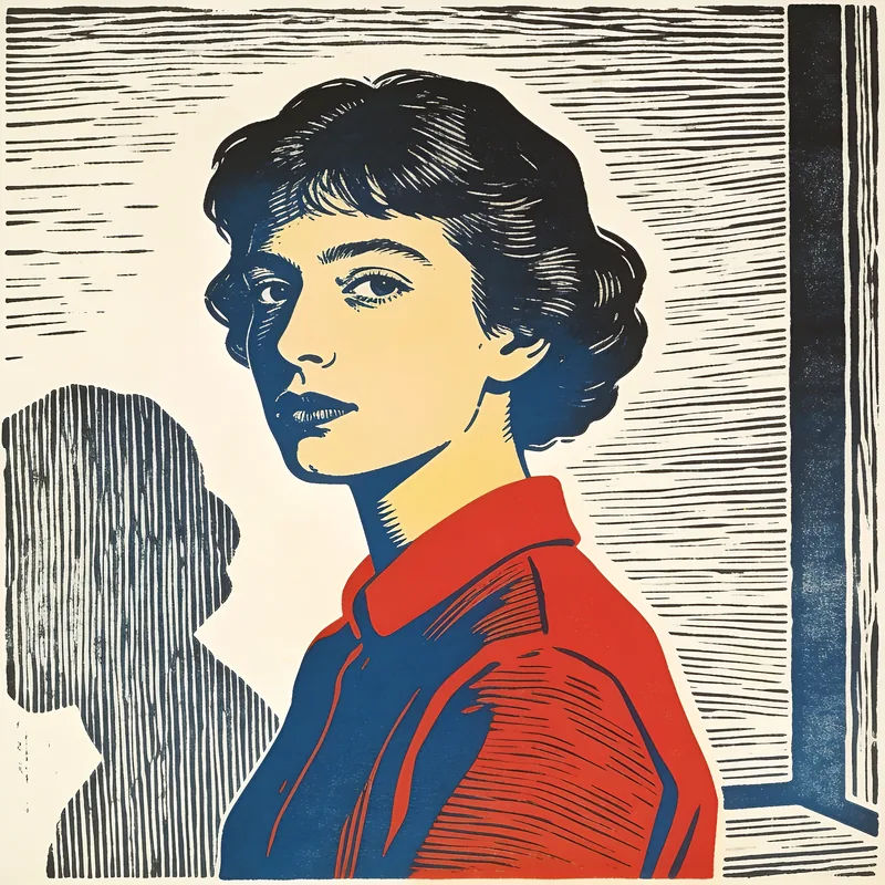 A photograph redrawn as a bold two-colour linocut print with carved edges