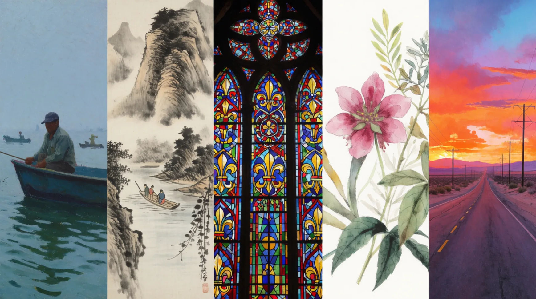 Five images in five different media, each generated from a text prompt on Morphic