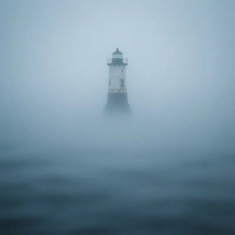 A lighthouse in heavy dawn fog rendered in cold blue light on a long lens
