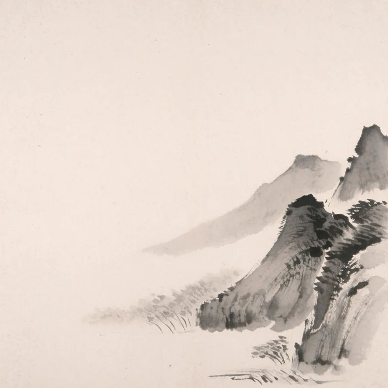 A mountain valley painted in loose ink and wash on pale paper with open negative space
