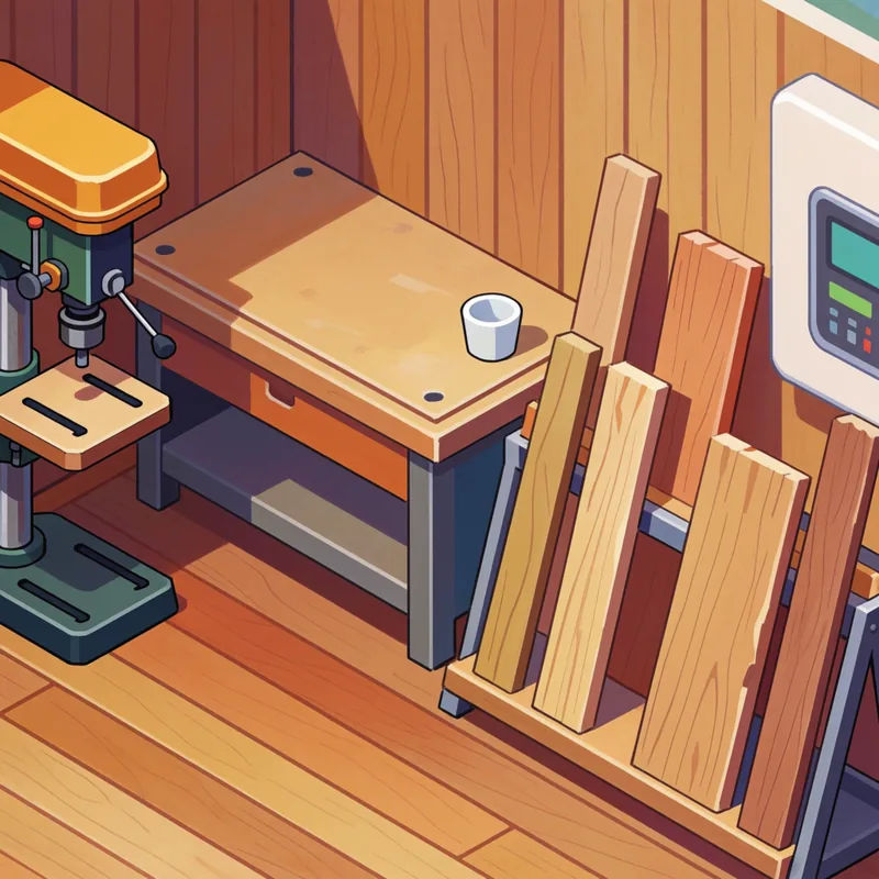 An isometric flat-colour illustration of a woodworking workshop with soft shading