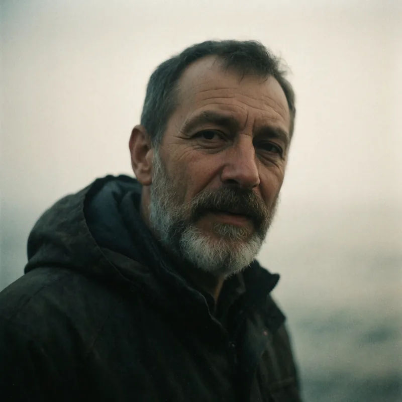 A portrait of a weathered fisherman in flat overcast daylight with visible film grain