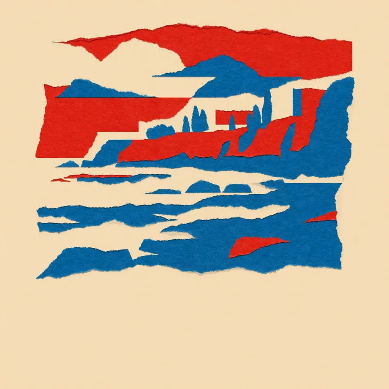 A travel poster of a coastal town built from torn paper collage in a three-colour palette