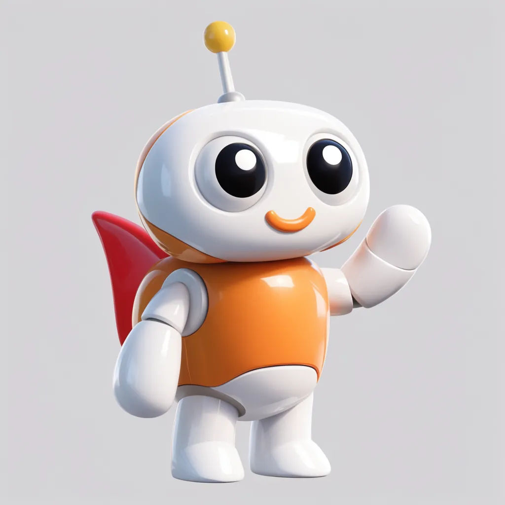 Rounded 3D robot mascot in white and orange