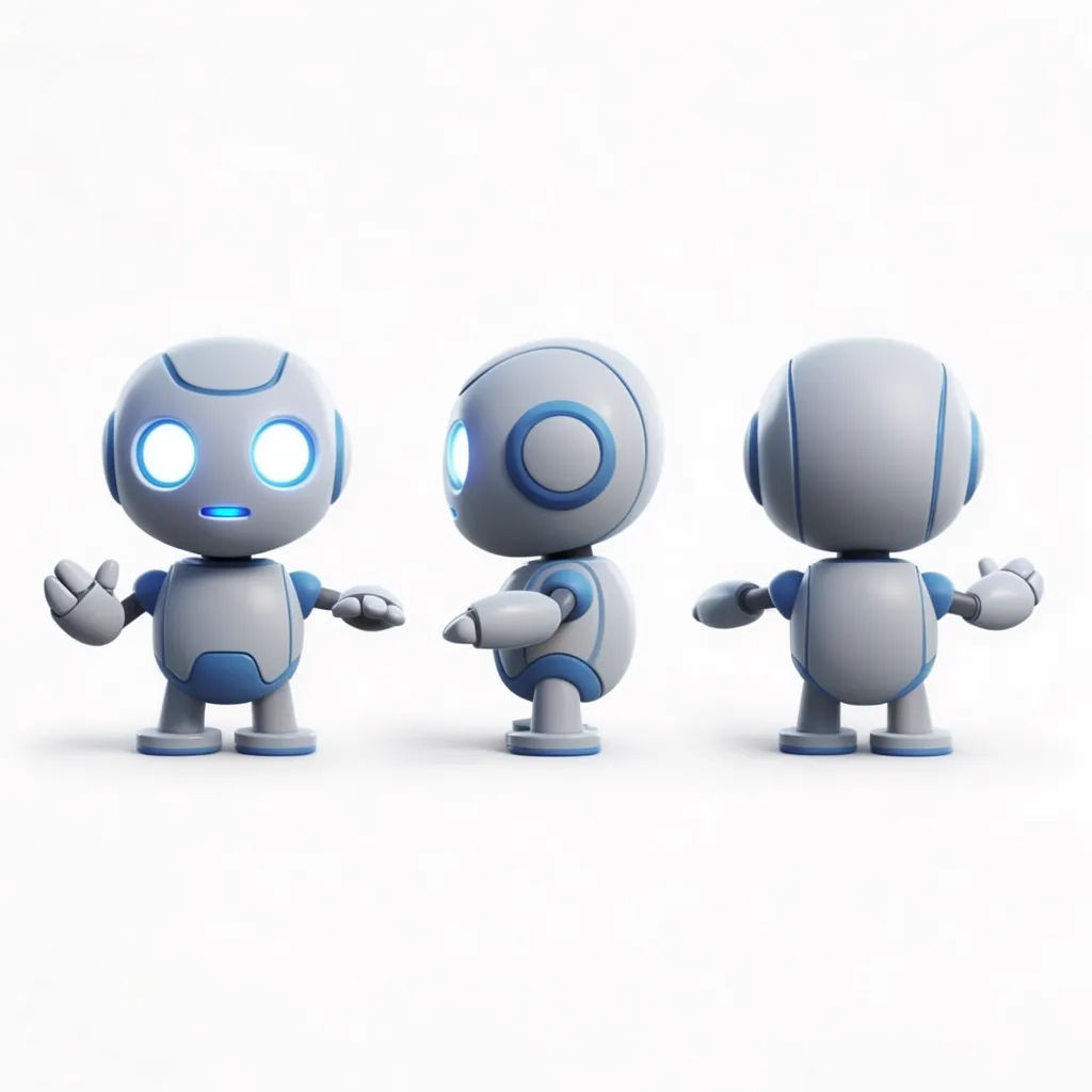 Three-view turnaround of a 3D robot mascot