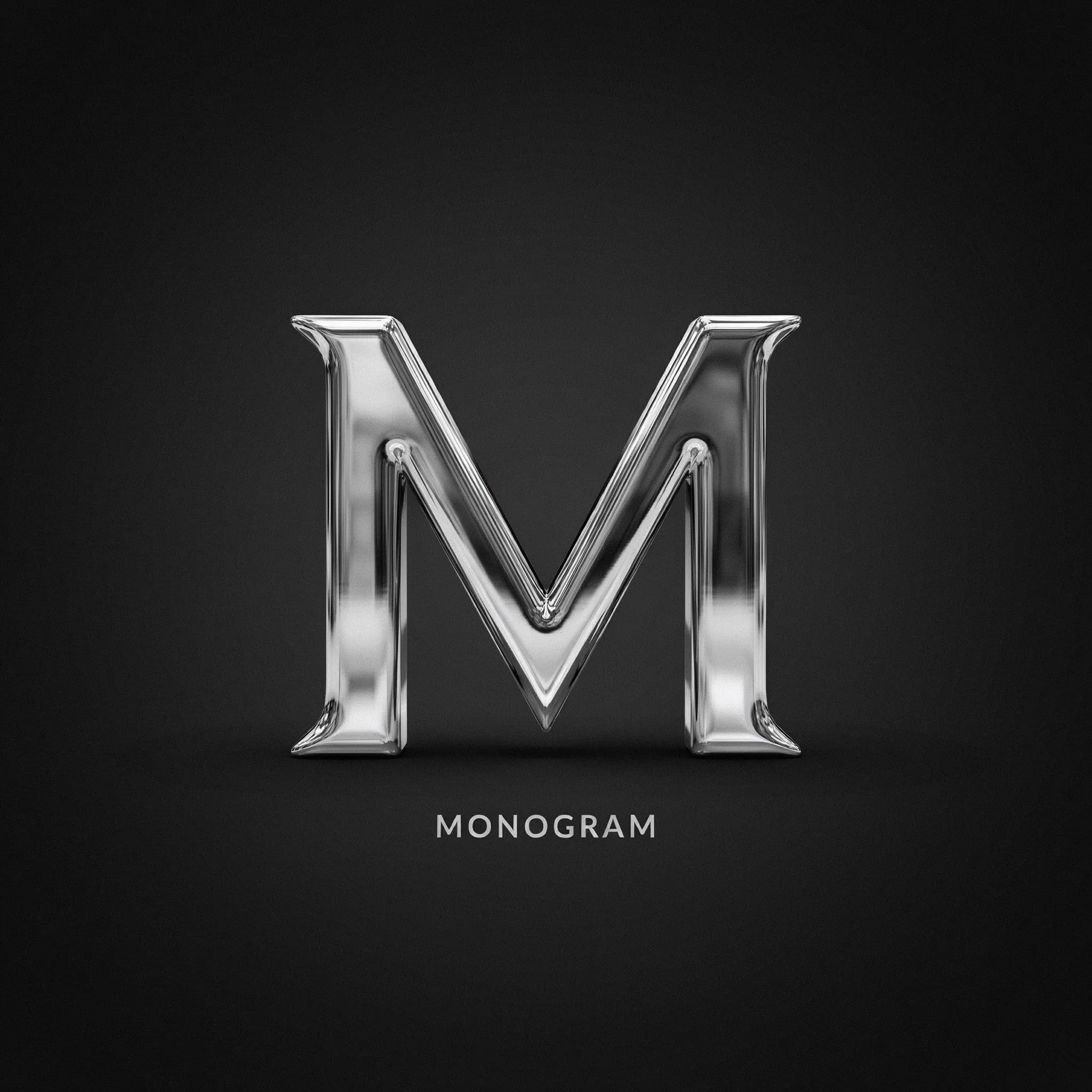 3D chrome monogram of the letter M with soft studio lighting