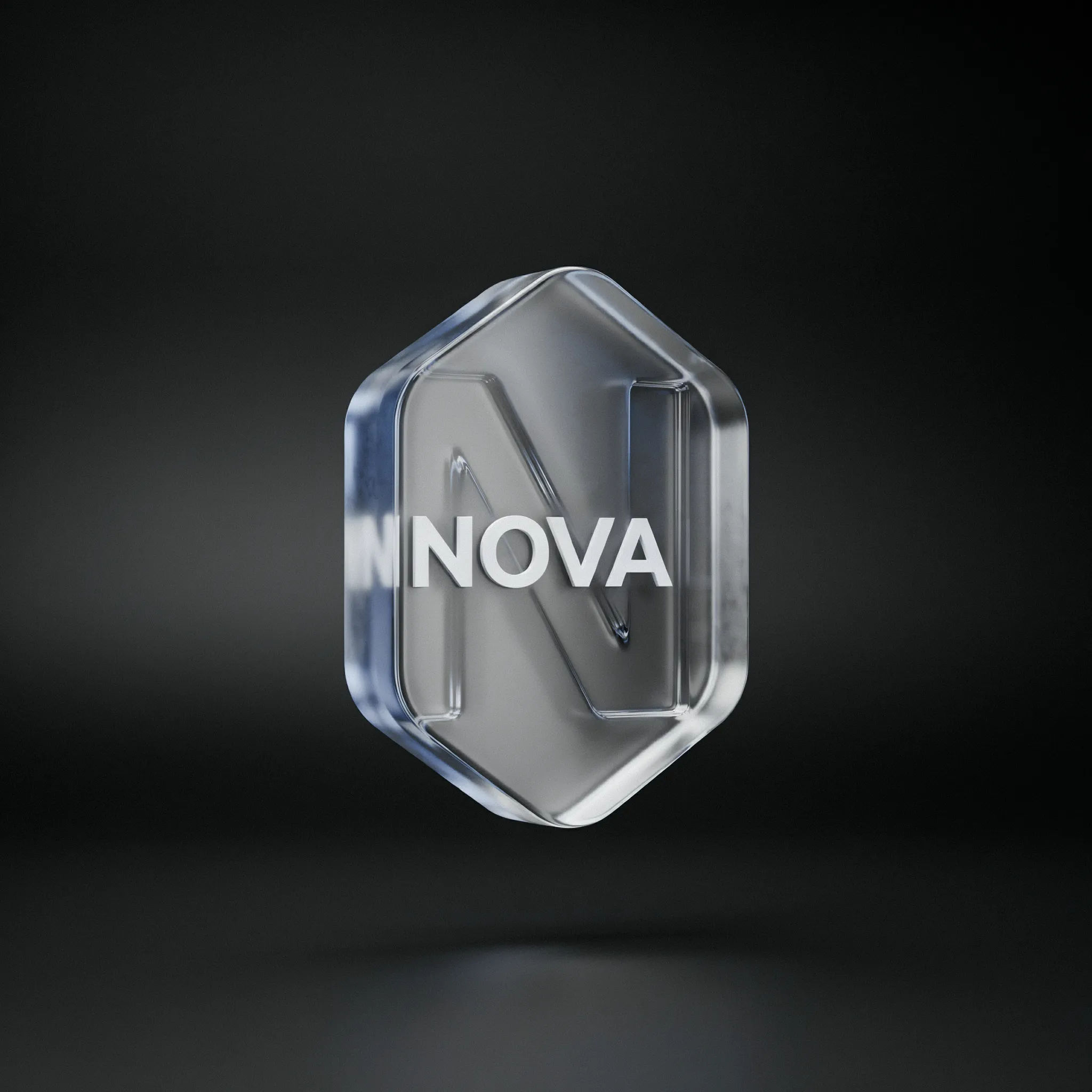 3D frosted glass logo emblem with cool rim lighting