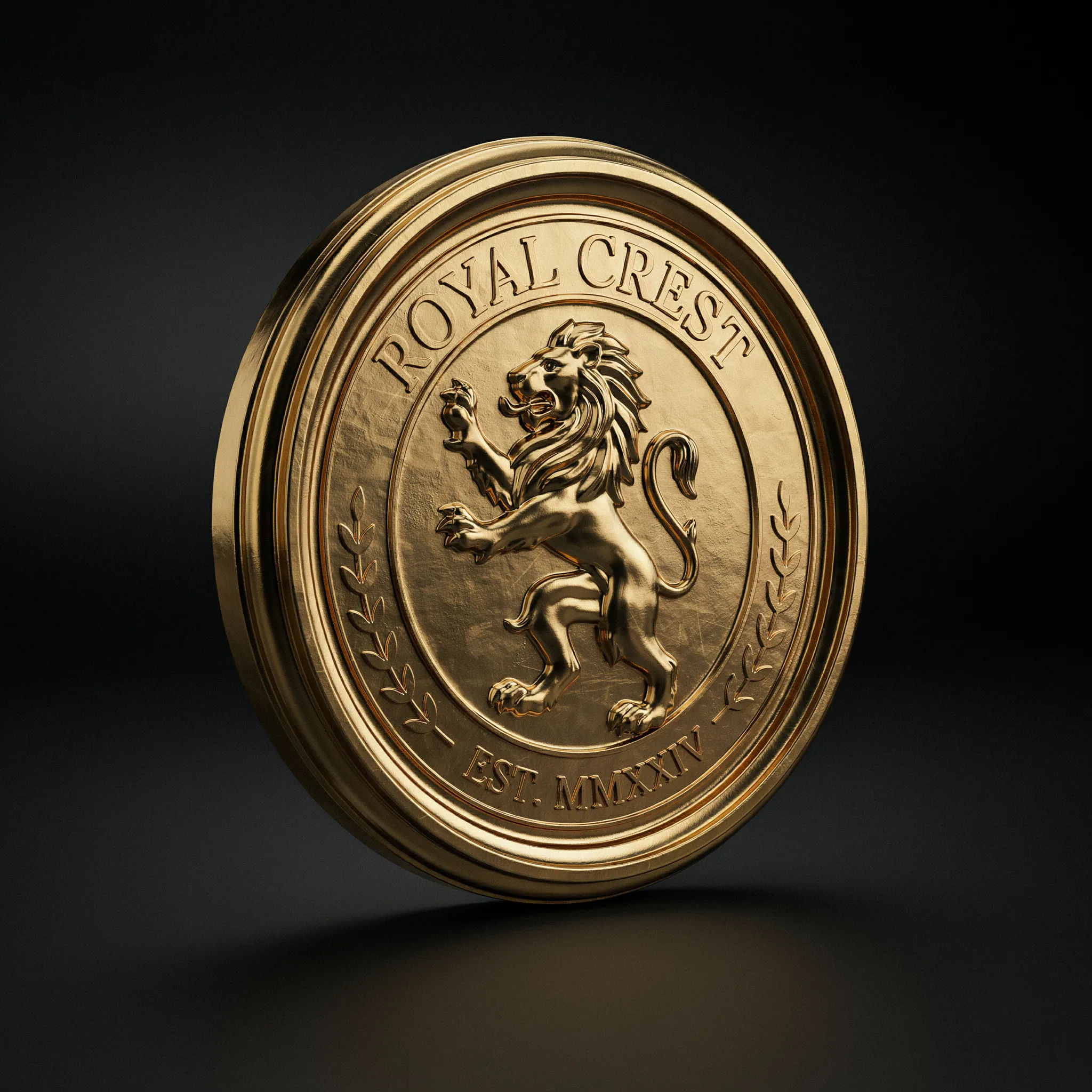 3D polished gold badge with a lion crest symbol
