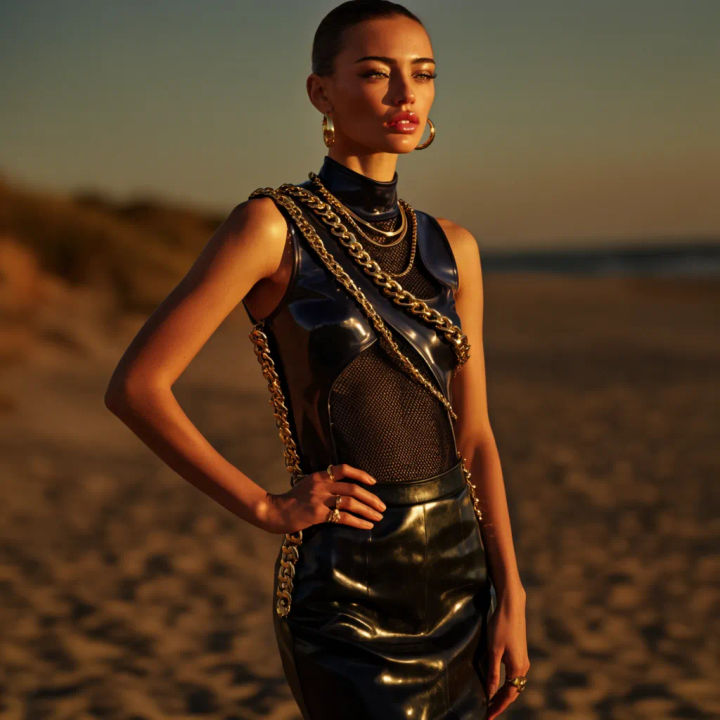 Subject placed on a golden-hour beach with matched warm light