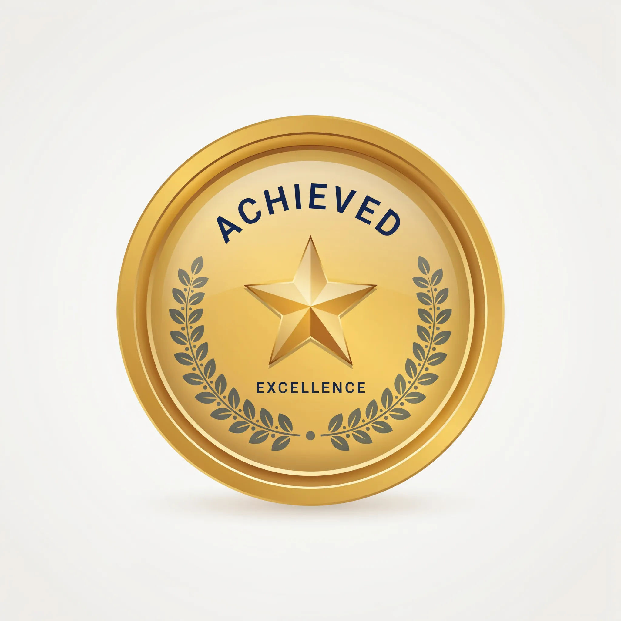 Round gold achievement badge with laurel and star and a short label