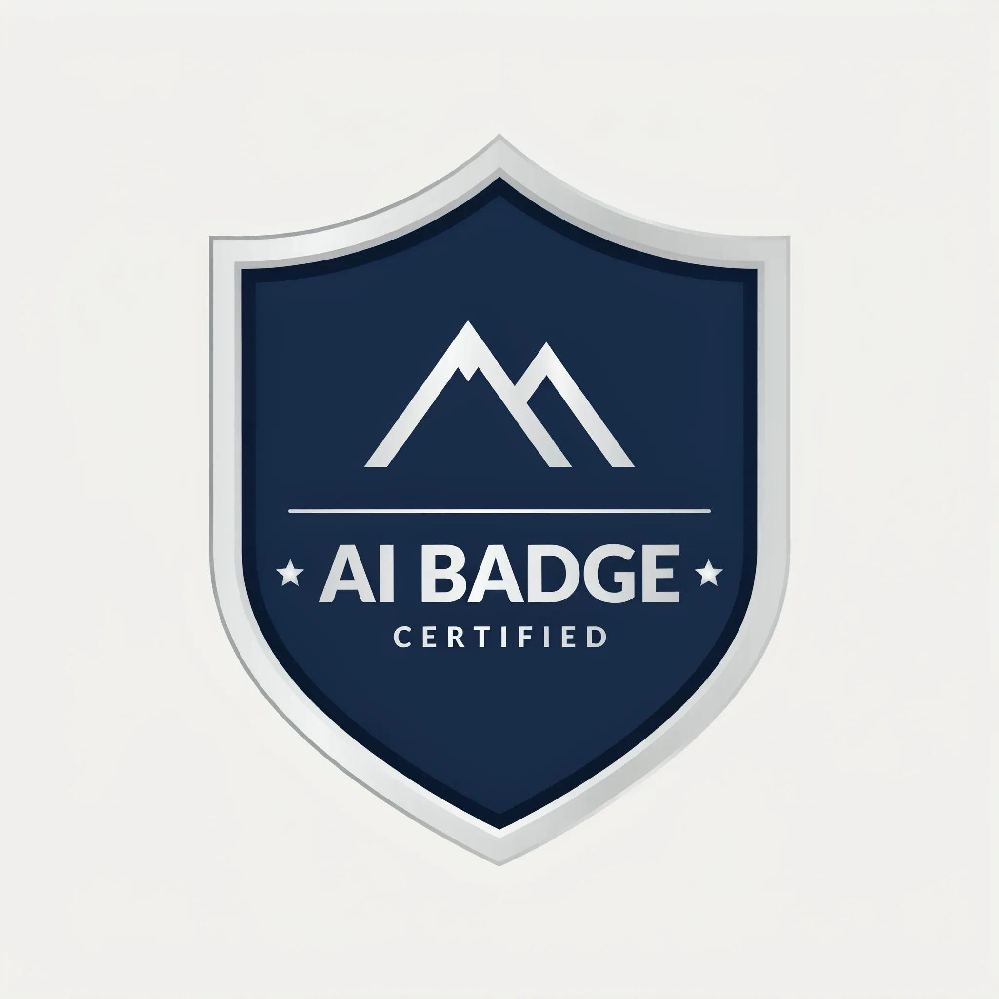 Silver and navy shield badge with a mountain icon and short label