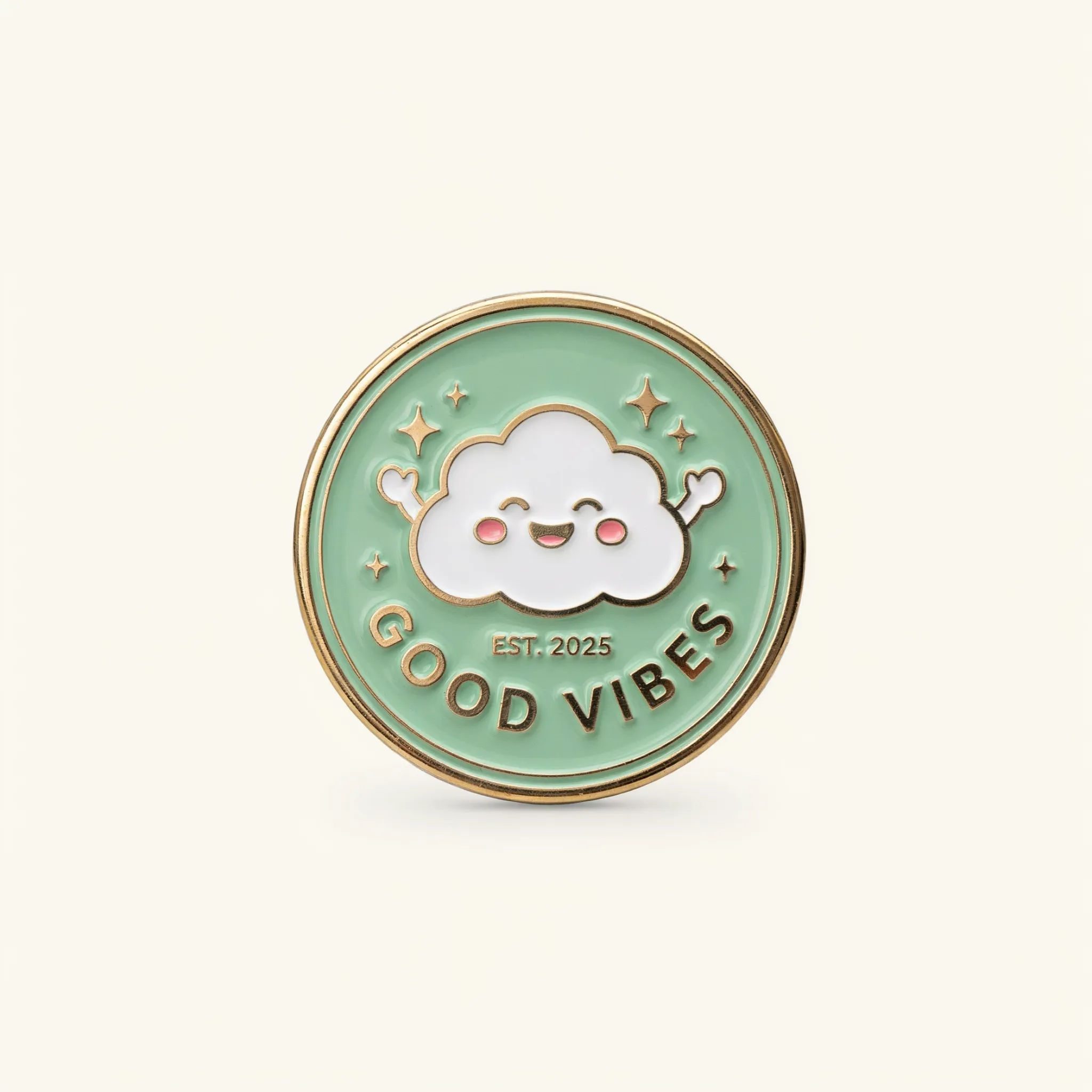 Enamel-pin-style badge with a glossy fill, gold outline, and mascot