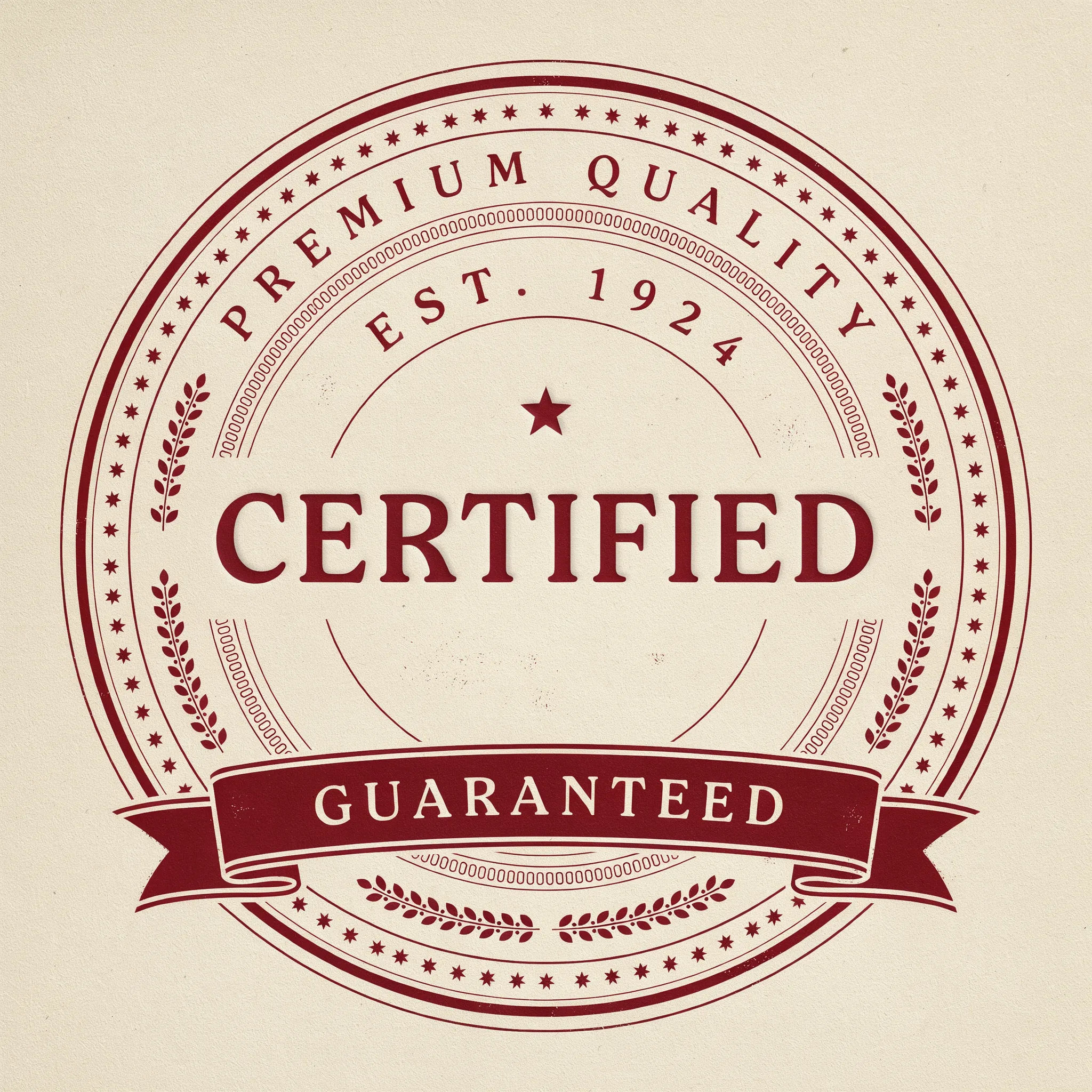 Vintage circular quality seal in cream and red with an ornate border