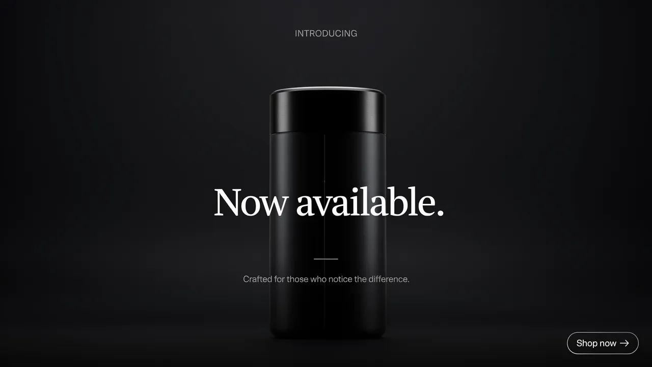 Dark studio product-launch web hero banner with a now available headline