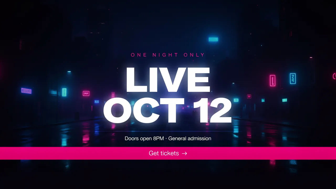 Neon night-city event banner with glowing live October twelve text