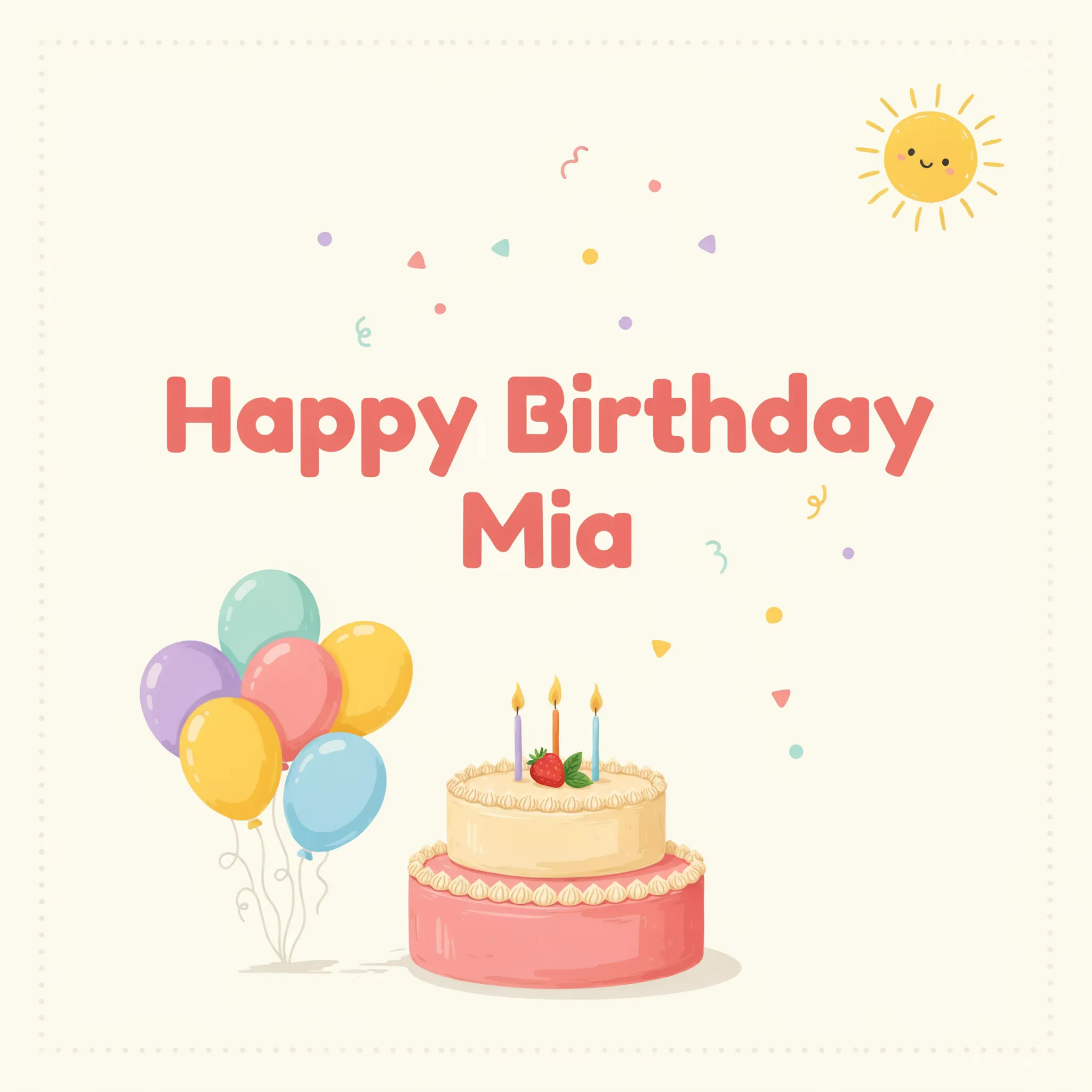 Cute pastel birthday card with balloons, cake, and confetti