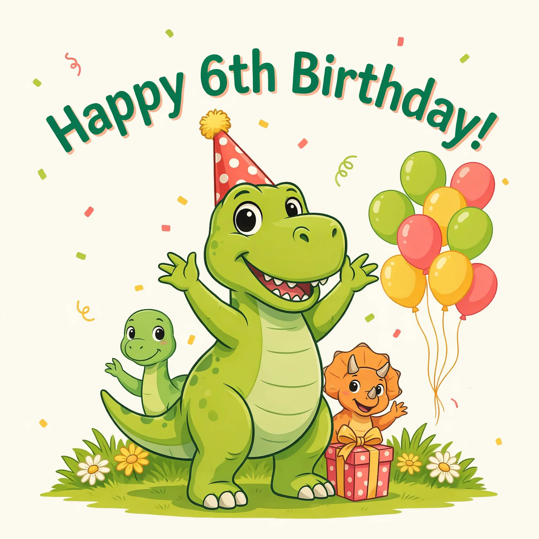 Kids dinosaur birthday card with a cartoon T-rex in a party hat