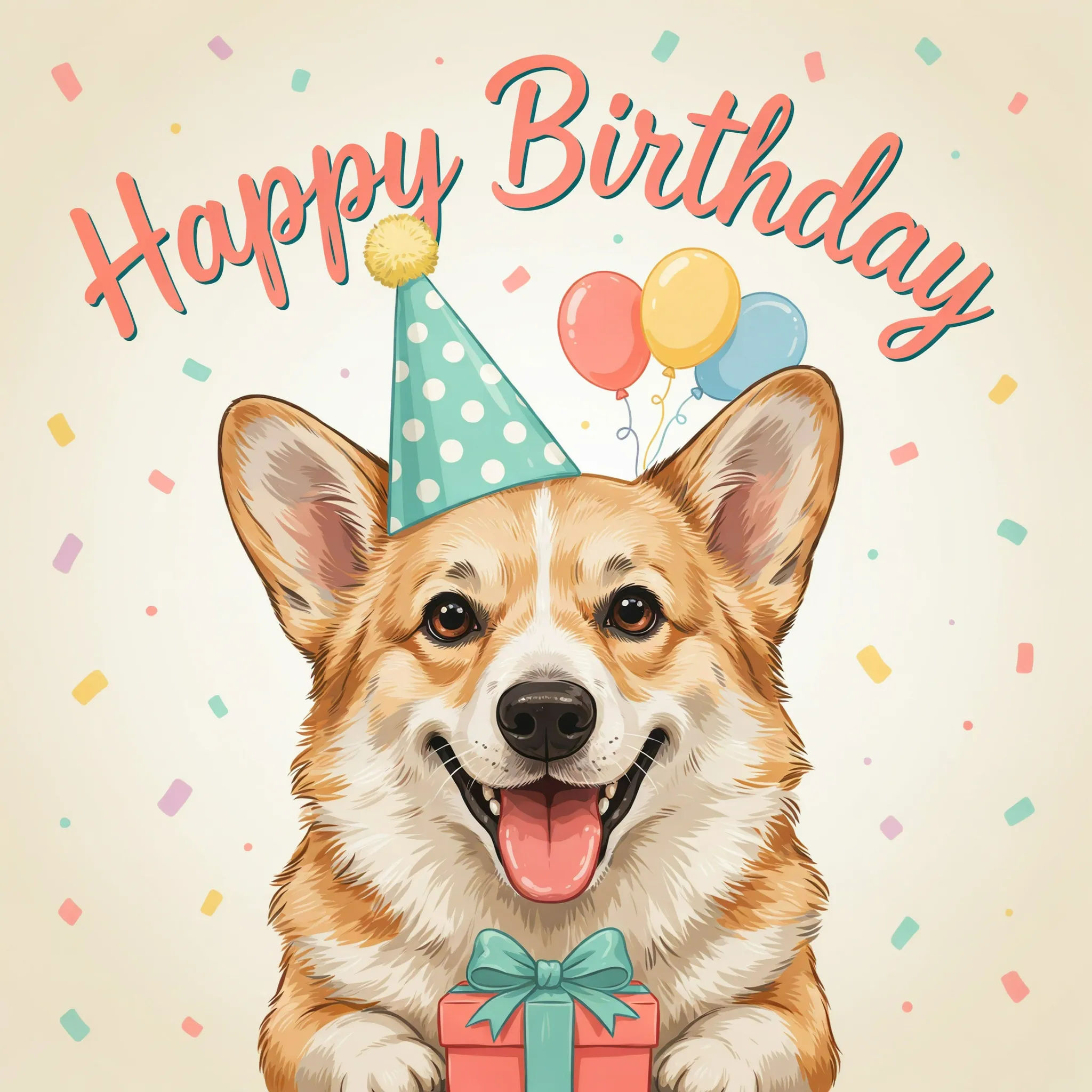 Birthday card with an illustrated corgi wearing a party hat