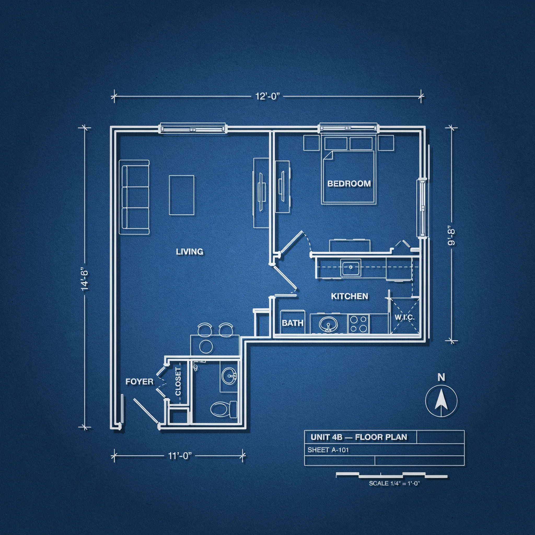 White-on-blue blueprint of a one-bedroom apartment floor plan