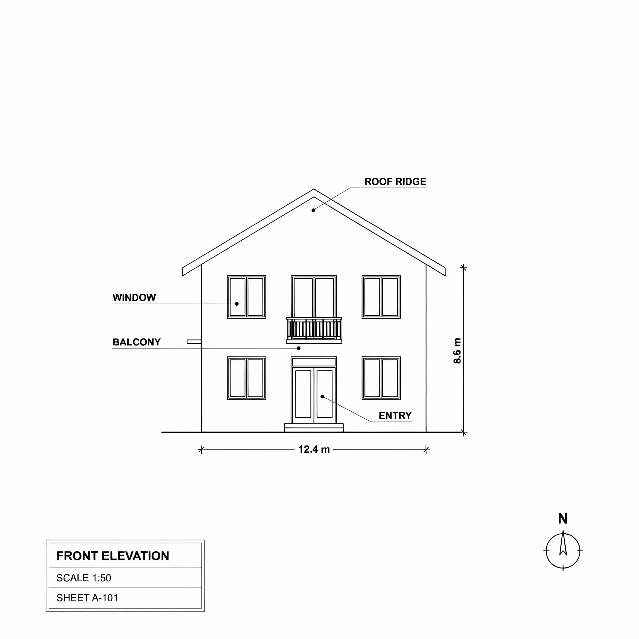 Black-line front elevation blueprint of a two-storey house